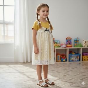 Girls Yellow T-Shirt & Lace Overlay Dress Set Vintage-Style Boho Summer Sundress